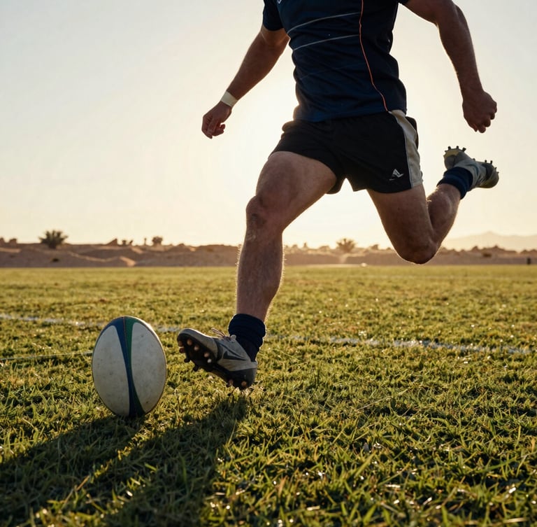 Low-angle action shot of a rugby player mid-stride kicking a ball, warm golden hour desert light casting long shadows across the green grass pitch.