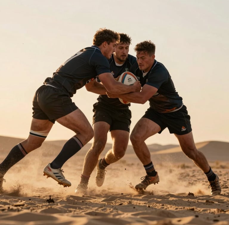 Low-angle dynamic action shot of rugby players mid-stride during a tackle under warm golden hour desert light, sand kicked up, intense movement.