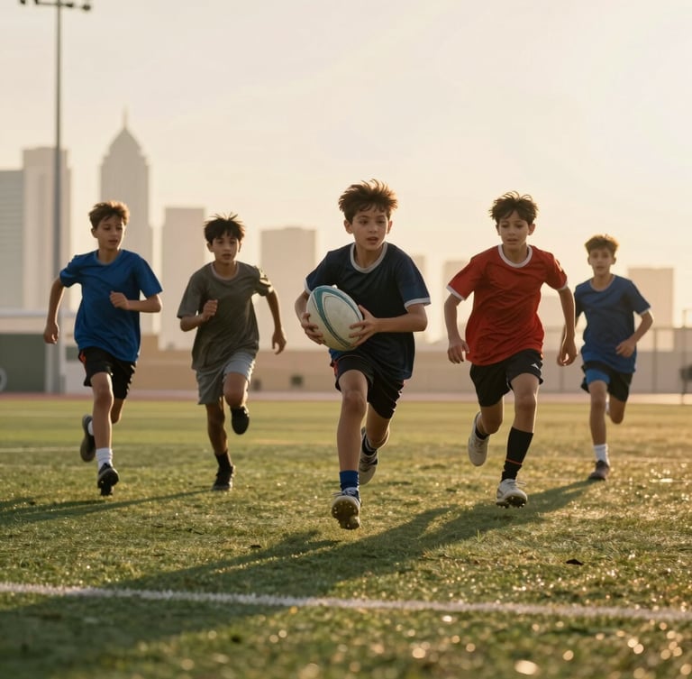 Low-angle dynamic action shot of young boys and girls running with a rugby ball on a green pitch, warm golden hour desert light casting long shadows, Dubai skyline softly blurred in the distance.