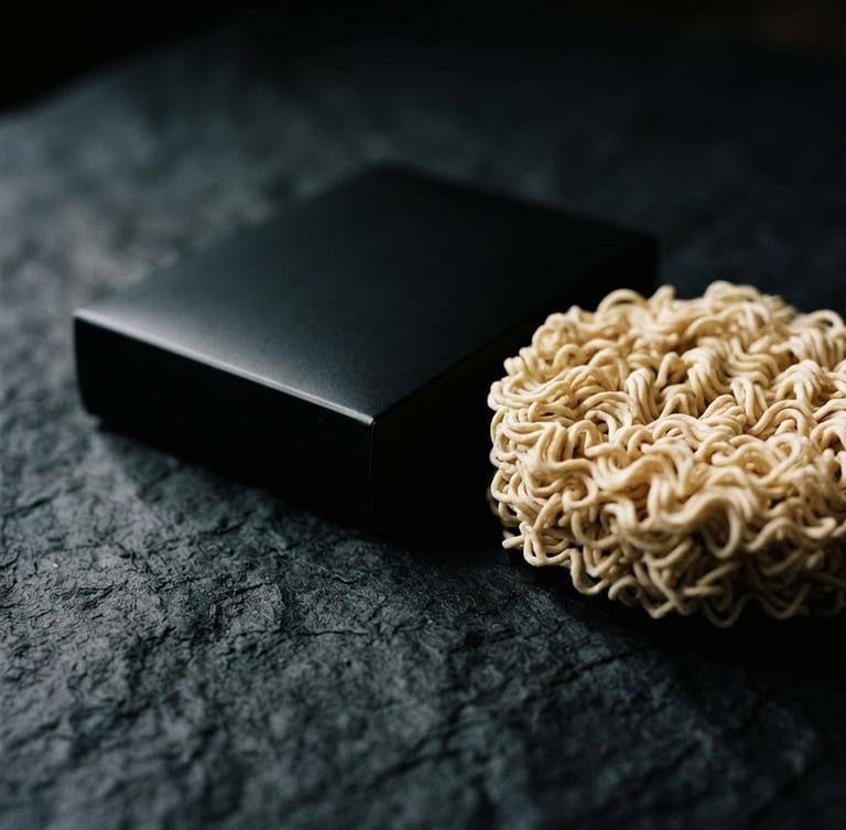 Sleek minimalist black Yagi Noodles packaging next to a raw wavy noodle nest on textured charcoal paper, moody food photography, high-contrast directional side-light, 35mm film