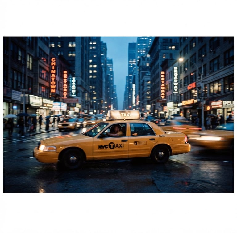 Wide panoramic urban street at dusk, yellow taxi cab in motion, streaking amber lights, shallow depth of field, high contrast.