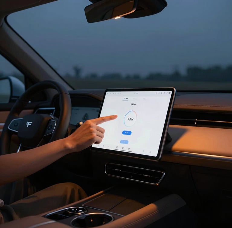 A close-up of a driver checking a tablet mounted on a clean luxury vehicle dashboard at dusk, warm amber dashboard glow, cinematic editorial photography, 35mm