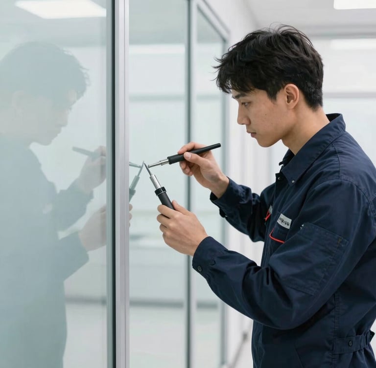 A professional technician in a clean navy uniform carefully detailing a modern glass partition with specialized tools, bright clinical natural light, sharp focus
