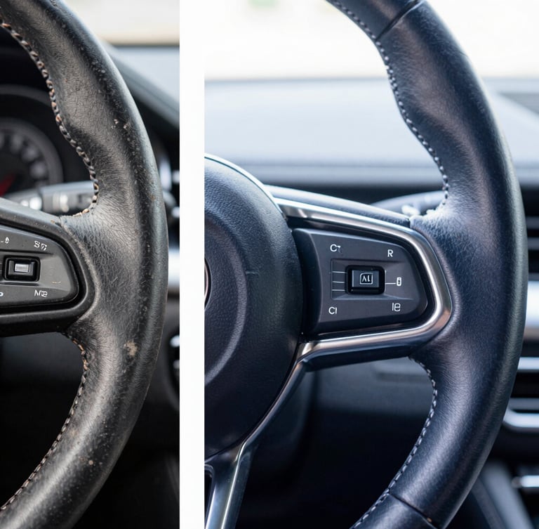 A split-screen macro photograph. Left side shows a heavily soiled, dust-coated luxury steering wheel. Right side shows immaculate, conditioned leather with pristine silver stitching under bright, high-key natural daylight.
