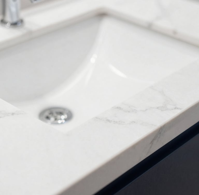 Extreme macro close-up of a flawless white marble countertop with clean light reflections, sharp focus, bright high-key daylight, zero dust particles