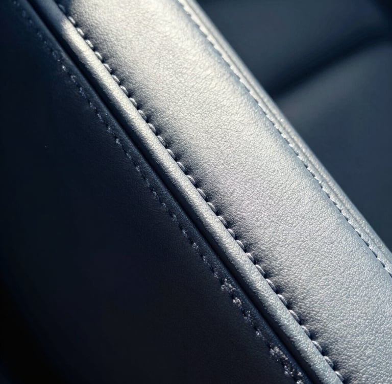 Extreme close-up of pristine automotive leather stitching, high-key natural light, deep navy and silver tones, sharp focus, 35mm