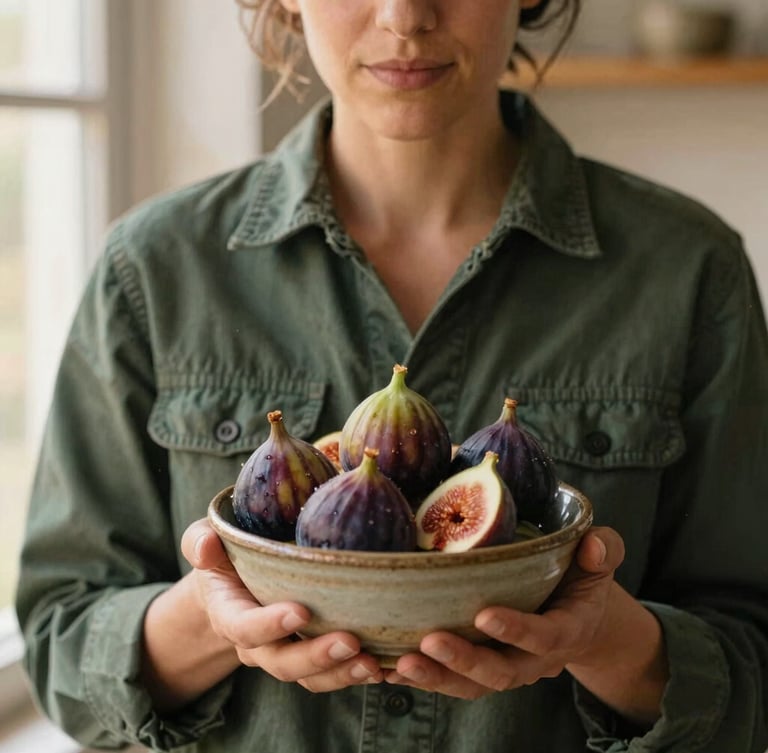 A close-up portrait of a passionate culinary writer in a dark green utility jacket, holding a rustic ceramic bowl of fresh figs, soft morning window light, shallow depth of field, warm earthy tones