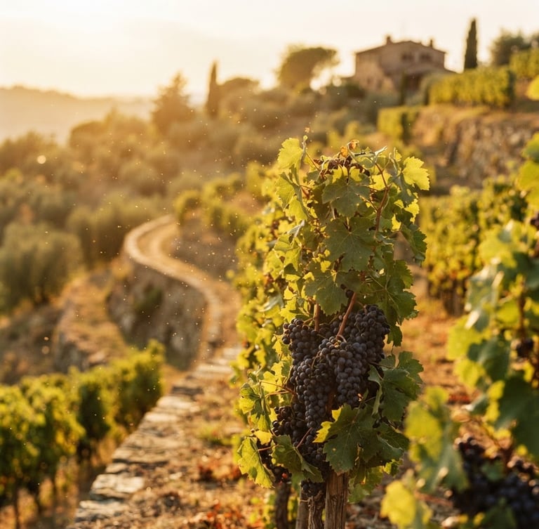 Close-up of sun-drenched grapevines on a terraced Tuscan hillside at golden hour, warm light catching dust motes, shallow depth of field, 35mm film grain style