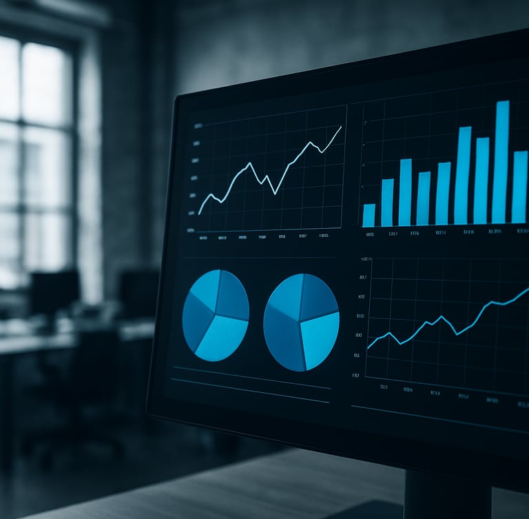 Close-up of a high-contrast analytical dashboard on a screen in a desaturated Manchester office, sharp blue accents, cool window light, 35mm lens.