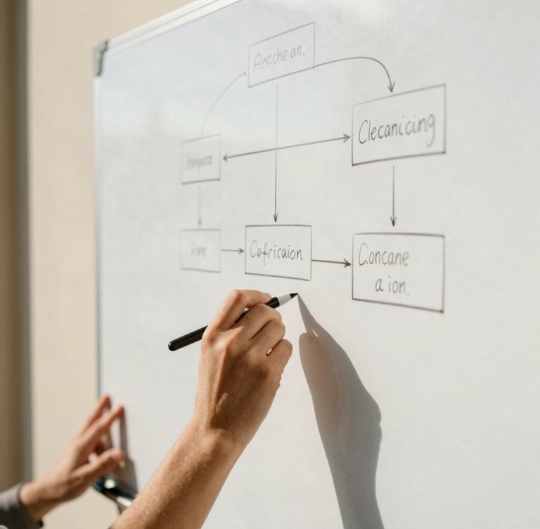 Focused professional sketching a clear flow diagram on a whiteboard, natural bright California daylight, close-up on hands, warm sand tones, 35mm editorial photography