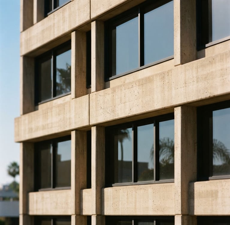Architectural close-up of a modern concrete office building in California daylight, sharp clean lines, minimal geometric composition, 35mm warm editorial photography