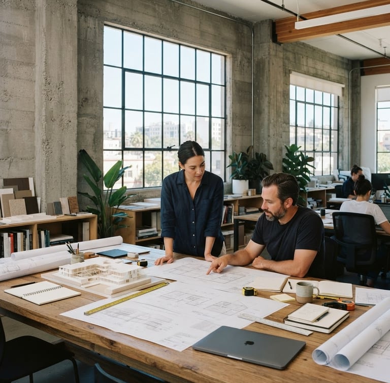 A bright California daylight office with raw concrete walls and large steel-framed windows, a long wooden table with architectural blueprints and structured diagrams, medium-wide environmental shot, warm slate and sand tones, 35mm.
