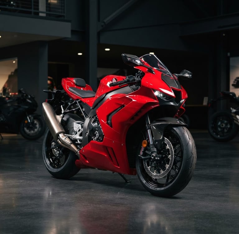 Sleek red Honda sport motorcycle parked in a modern showroom, dramatic studio lighting, high contrast, 35mm