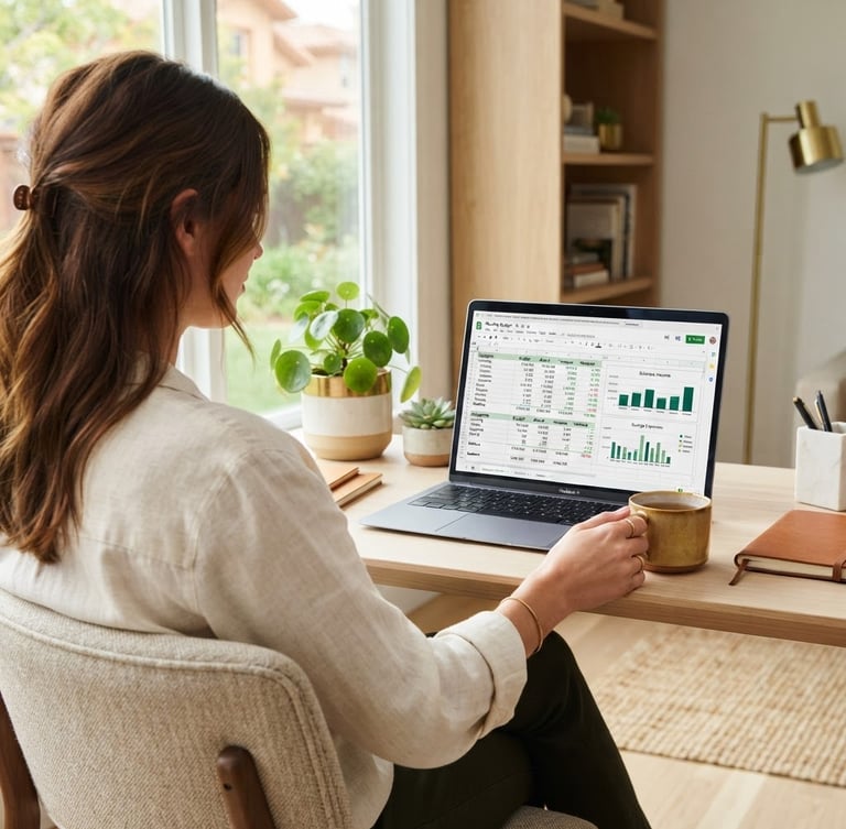 Over-the-shoulder shot of a person calmly reviewing their monthly budget on a laptop screen, bright morning daylight, warm gold accents, clean editorial look