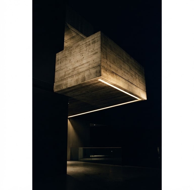 Dramatic low-key architectural detail of a high-end concrete cantilever structure, sharp directional light, deep obsidian shadows, premium minimal aesthetic