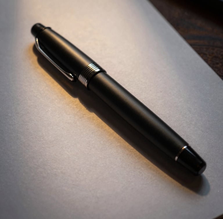 Close-up of a premium matte black fountain pen resting on heavy textured paper, sharp side lighting, golden-hour reflection, professional executive desk environment