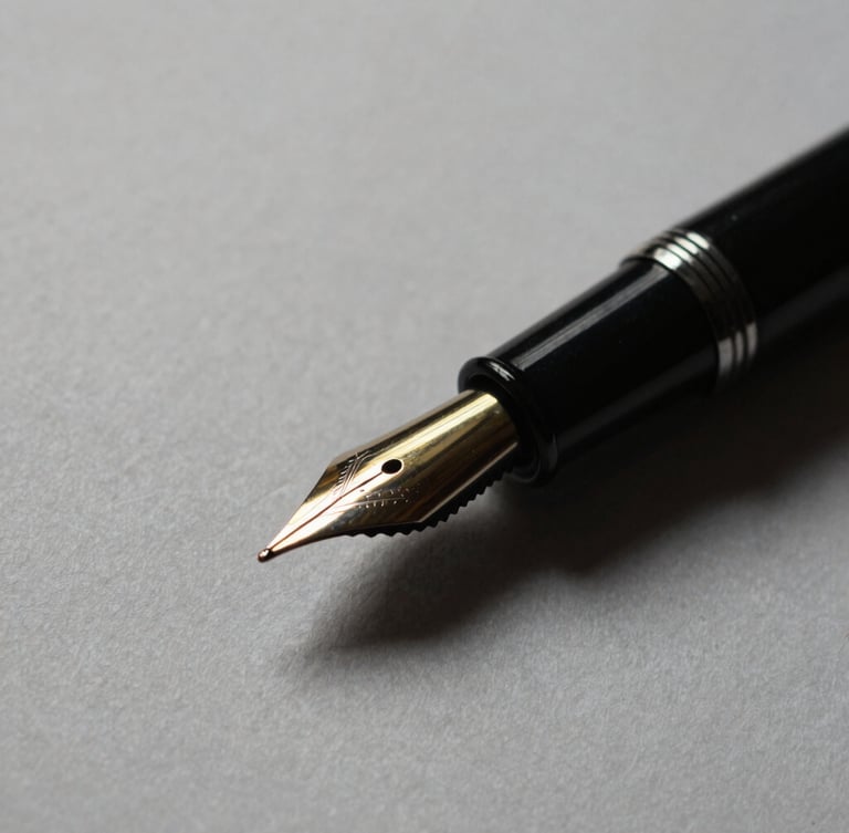 Macro close-up of a premium black fountain pen resting on heavy textured paper, sharp directional light, deep gold ink reflection, minimalist