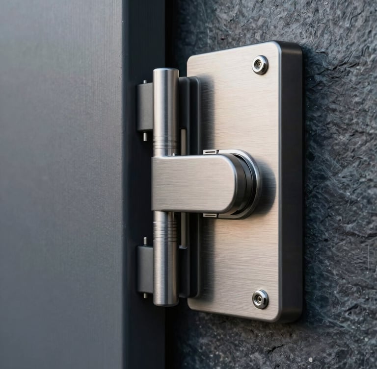 Brushed steel vault locking mechanism with high-end modern architectural lines, cool morning daylight, slate gray tones, sharp focus.