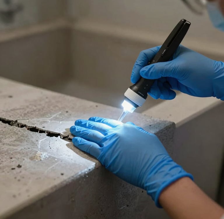 Primer plano de manos profesionales con guantes de nitrilo aplicando sellador en una grieta estructural, iluminación azul con un foco brillante.
