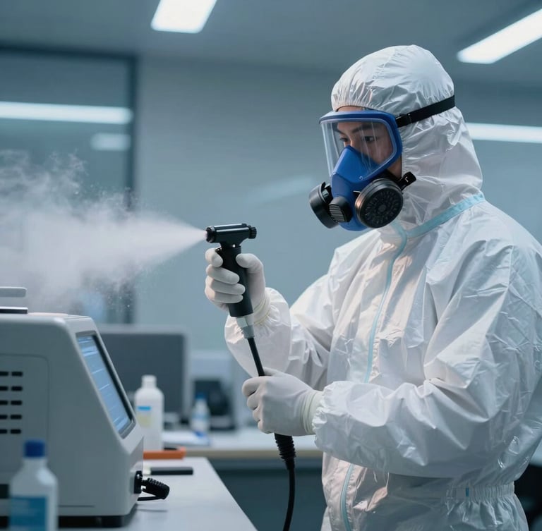 Professional technician in full white protective suit and respirator mask, spraying fine sanitizing mist in a modern office space, high-contrast cool blue lighting with sharp highlights on the equipment.