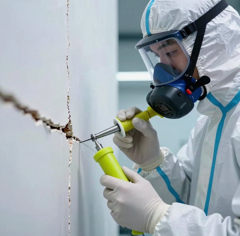 Close-up of a professional technician in full white PPE and respirator sealing a structural wall crack with precision applicator, cool blue ambient lighting, sharp lime highlights on tools, high contrast.