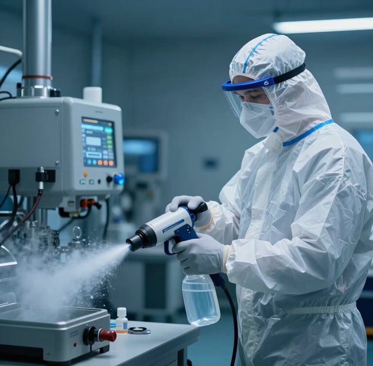 Primer plano de operario con traje de bioseguridad completo aplicando desinfectante con termonebulizadora en un entorno industrial con iluminación azulada fría y destellos técnicos.