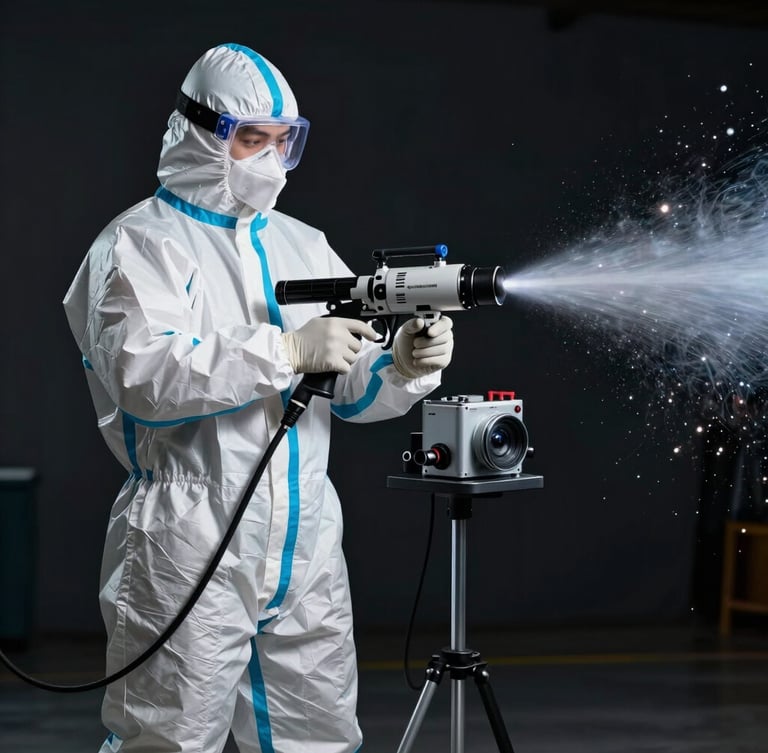 Primer plano técnico de un operario con traje de protección biológica completo aplicando termonebulización con equipo especializado de precisión, iluminación fría con destellos metálicos sobre fondo oscuro.