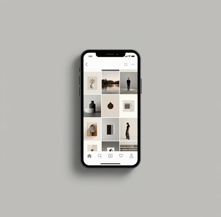 Flat-lay minimalist digital mockup of a sleek smartphone displaying a curated Instagram grid, clean studio lighting, neutral grey background, sharp focus