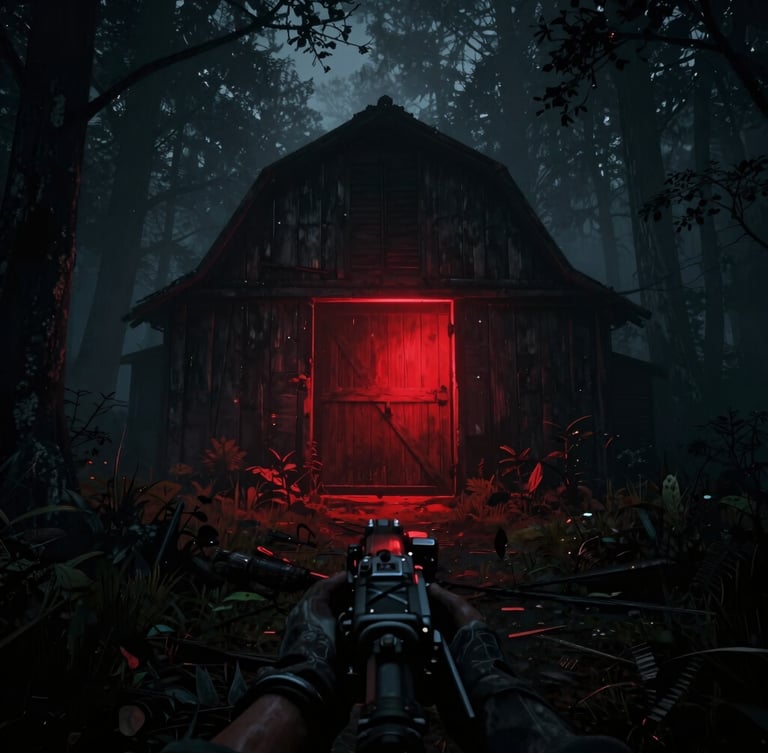 Immersive third-person game screenshot of a dark, foggy forest at night, a faint red light glowing behind a wooden barn door, heavy shadows, gritty texture, 35mm film look