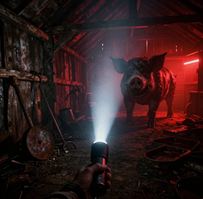 First-person perspective gameplay screenshot of a dark wooden barn interior, a single flashlight beam cutting through dense fog, revealing a terrifying silhouette of a massive, mutated pig standing near rusted farm tools, low-key dramatic red neon backlighting, gritty 35mm film texture.