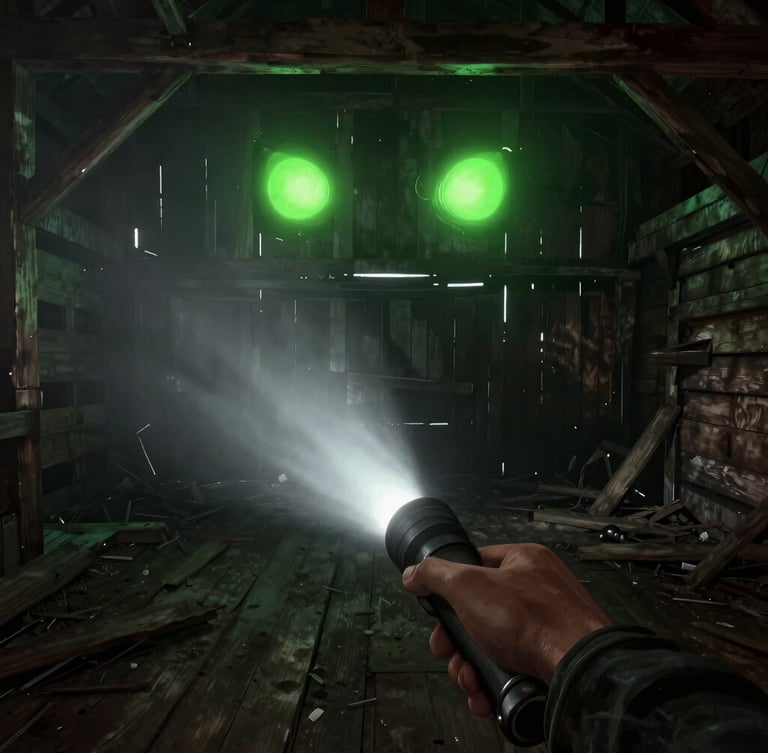 Immersive third-person game screenshot, character holding a flickering flashlight inside a dilapidated wooden barn, eerie shadows, acid green glowing eyes in the dark background, gritty texture.