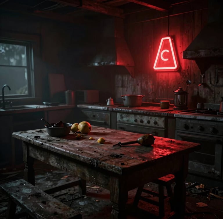 Dark cinematic game photography, interior of a ruined farmhouse kitchen, rotten food on the table, a single warning red neon light casting long shadows, gritty texture.