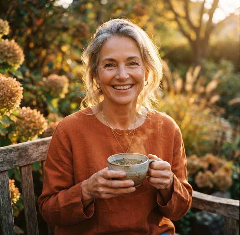 A warm golden-hour portrait of a strong, radiant 50-year-old woman with silver-streaked hair, smiling warmly, holding a cup of herbal tea, soft outdoor light, 35mm film style