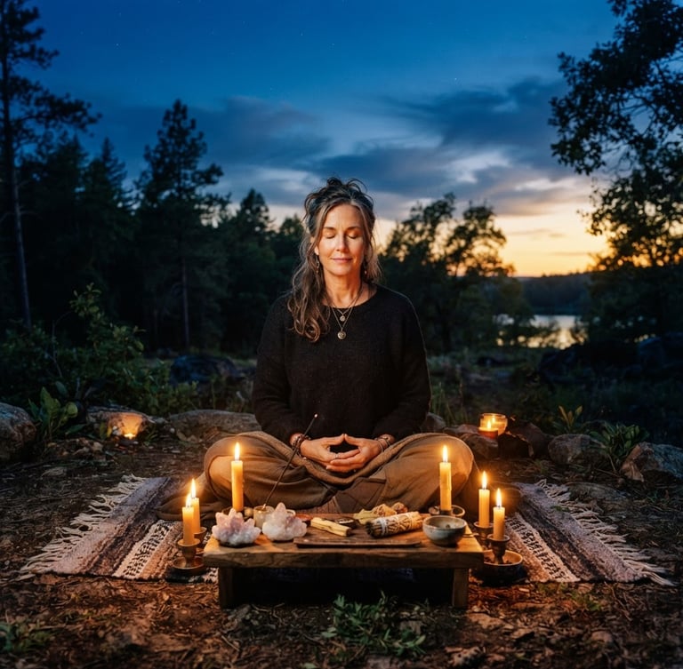 A serene midlife woman meditating outdoors at twilight, warm candlelit glow, deep cosmic indigo and terracotta tones, 35mm film style.