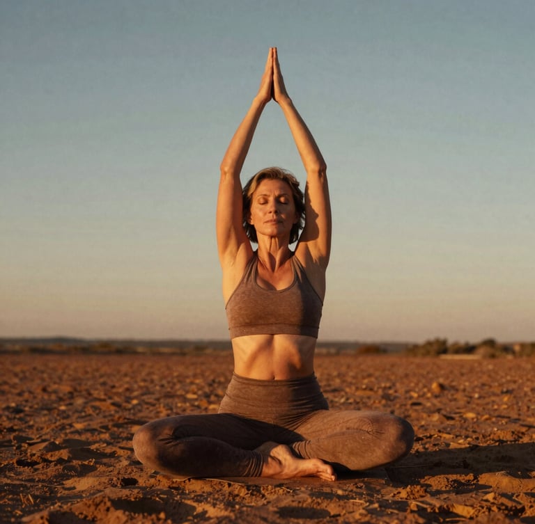 Empowering portrait of a vibrant 50-year-old woman practicing yoga outdoors at golden hour, warm lighting, earthy tones, 35mm film style