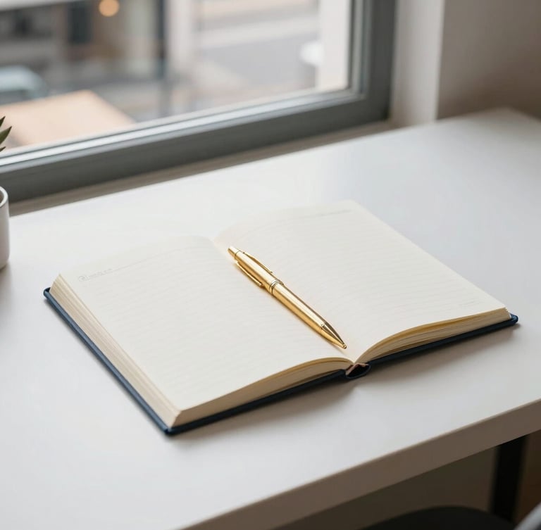 editorial workspace photography, clean minimalist desk with an open notebook, gold pen, and architectural details of a local cafe visible through a window, soft natural light, 35mm