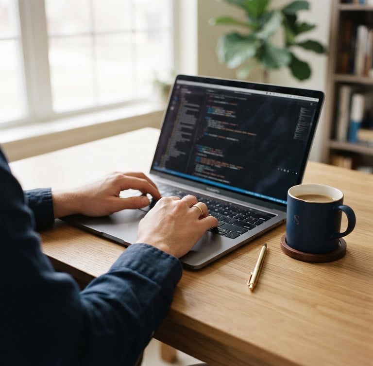 editorial workspace photography, close-up of hands typing on a laptop on a clean wooden desk, soft natural window light, navy coffee mug nearby, 35mm
