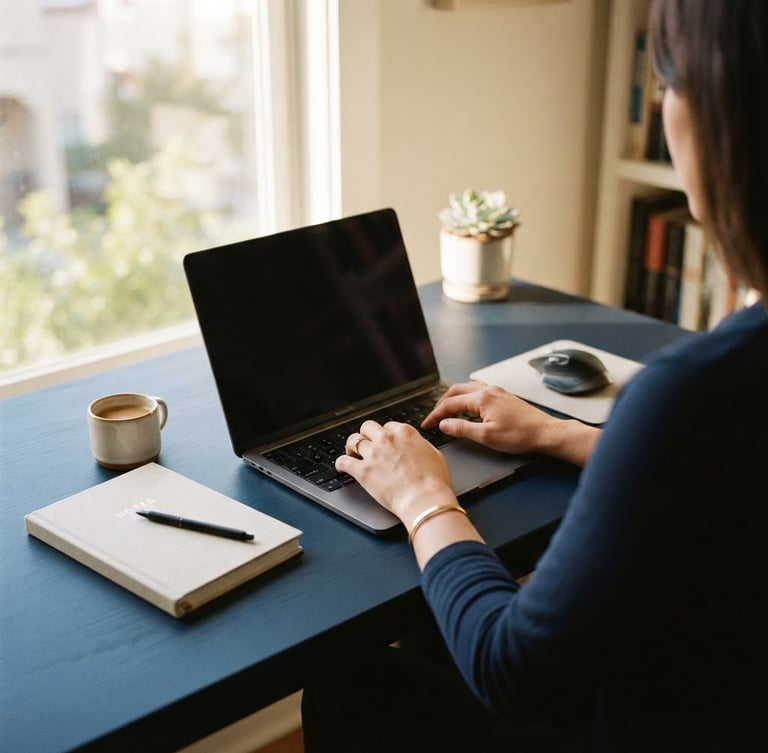 Over-the-shoulder view of a clean minimalist workspace, hands typing on a laptop, warm natural window light, subtle gold notebook on a deep navy desk, 35mm editorial photography