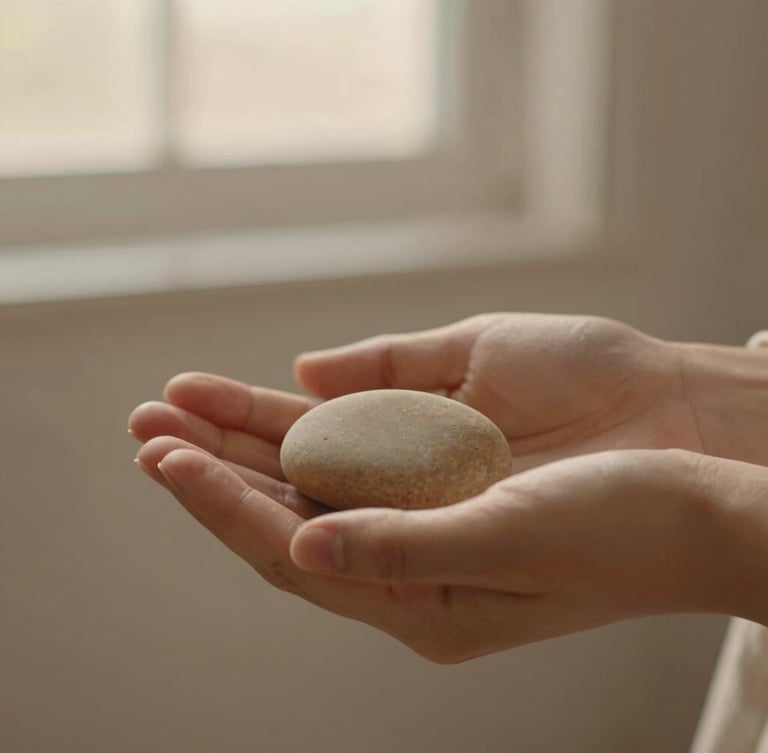 Close-up macro shot of hands gently holding a smooth, warm beige river stone, soft focus, natural linen texture in the background, soft golden-hour light, shallow depth of field, minimalist composition.