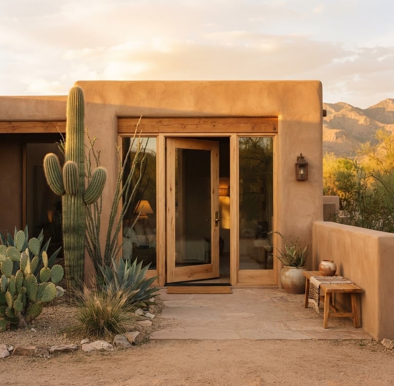Entrada de un santuario de bienestar en Tucson, Arizona, bañado por la suave luz dorada del atardecer, con detalles de madera clara y plantas desérticas, transmitiendo serenidad y bienvenida. Composición minimalista y cálida.