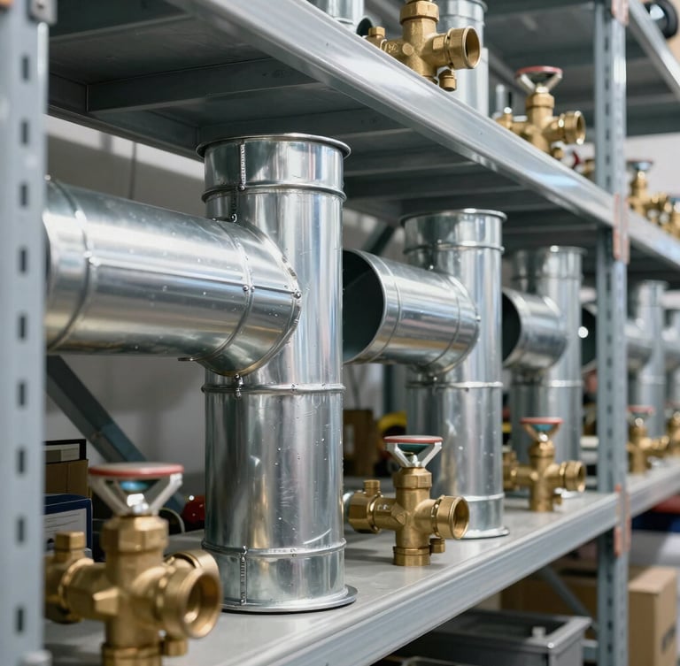 High-resolution orthographic shot of industrial galvanized steel HVAC duct seams and brass plumbing valves, organized on clean warehouse racking.