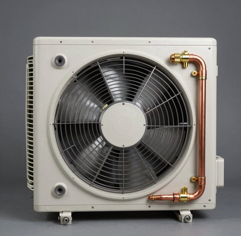 Front-facing orthographic studio shot of a commercial fan coil unit, showing clean copper piping and brass connection terminals