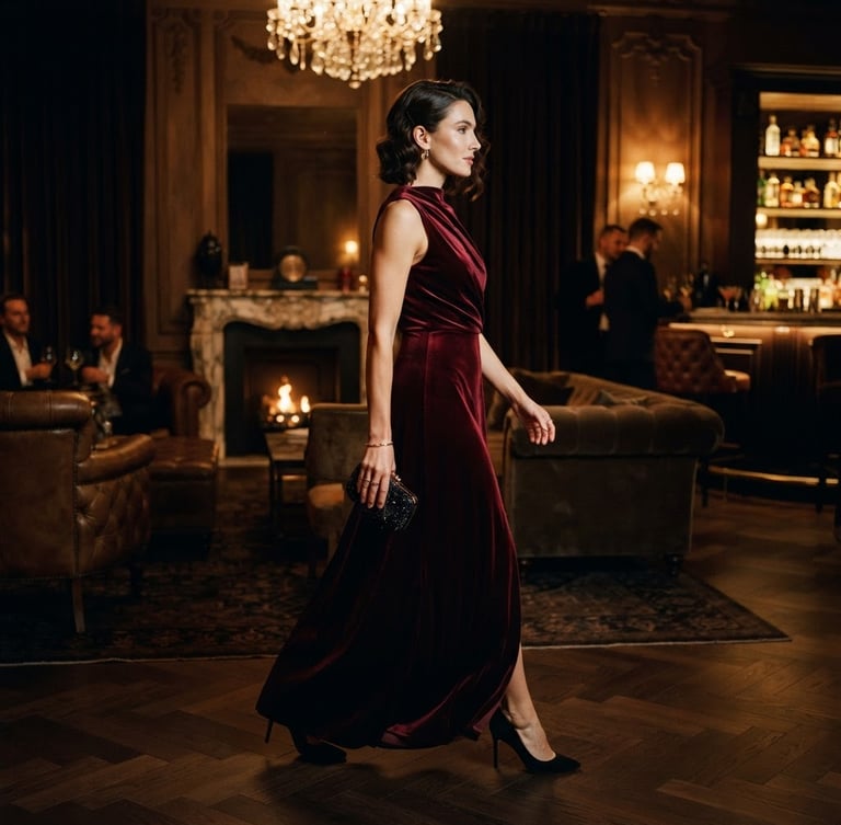 Portrait vertical, vue latérale, d'une femme élégante en robe de soirée bordeaux, marchant avec assurance dans un salon privé luxueux, éclairage tamisé, atmosphère exclusive, textures velours et marbre.