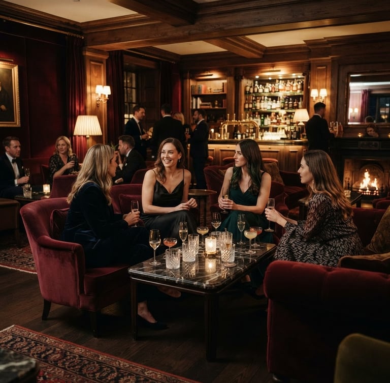 Intérieur luxueux d'un salon de members club, velours bordeaux, marbre, lumière chaude, femmes élégantes en interaction, style cinéma, 35mm film, vue grand-angle, atmosphère intime.