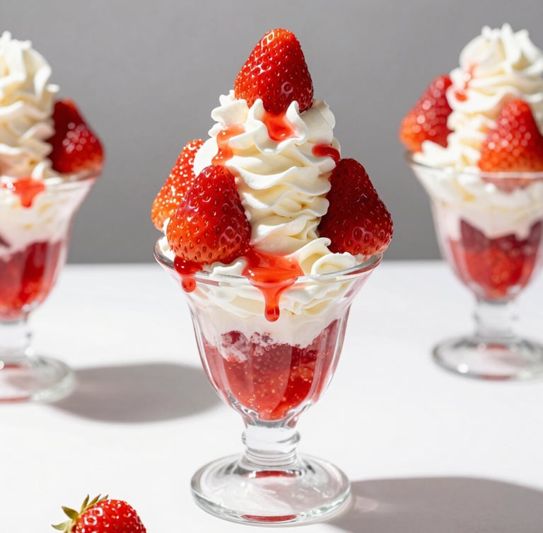 Macro shot of a towering strawberry and vanilla sundae dripping with bright red syrup in high-key natural sunlight, sharp playful shadows, vibrant colors, 50mm lens.