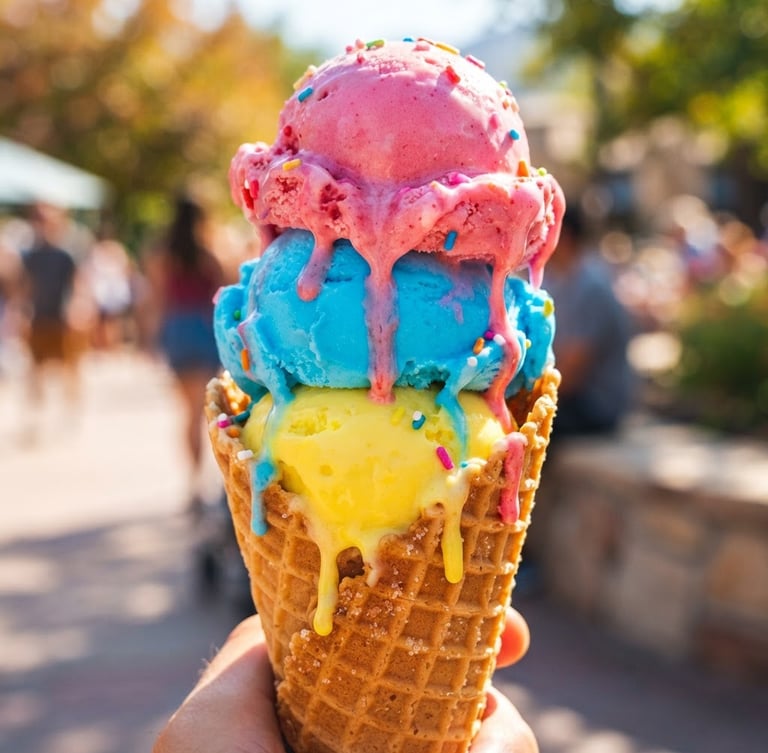 Vibrant close-up of three dripping scoops of pink, blue, and yellow ice cream in a freshly pressed waffle cone, bright natural Utah sunlight, sharp playful shadows, 50mm lens.