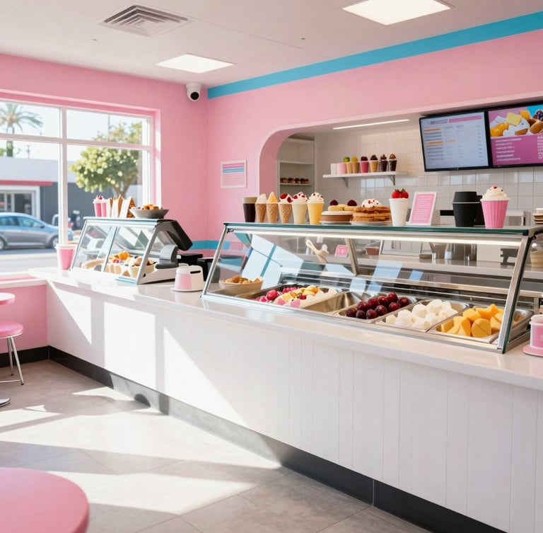 Wide shot of a cheerful, modern-retro ice cream parlor interior, clean white counters, bright pink and blue accents, natural sunlight streaming through windows.