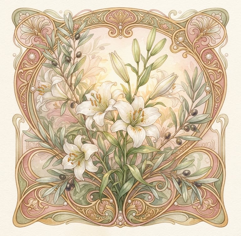 Watercolor illustration of delicate white lilies and olive branches, soft diffused golden hour light filtering through, warm ivory background, elegant art nouveau frame