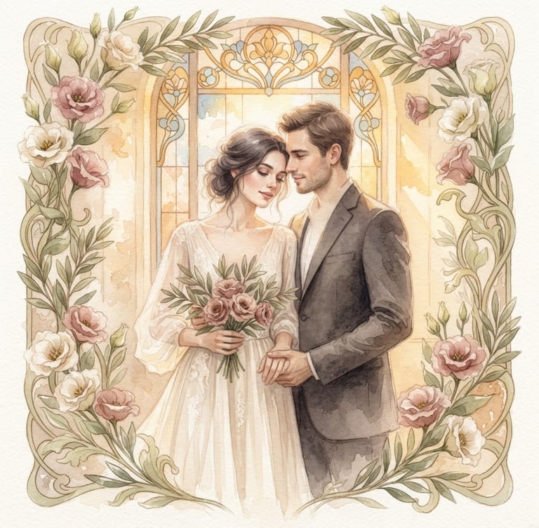 Watercolor portrait of a romantic couple in soft-focus, framed by delicate lisianthus and olive foliage, warm golden-hour light filtering through stained glass, elegant art nouveau style