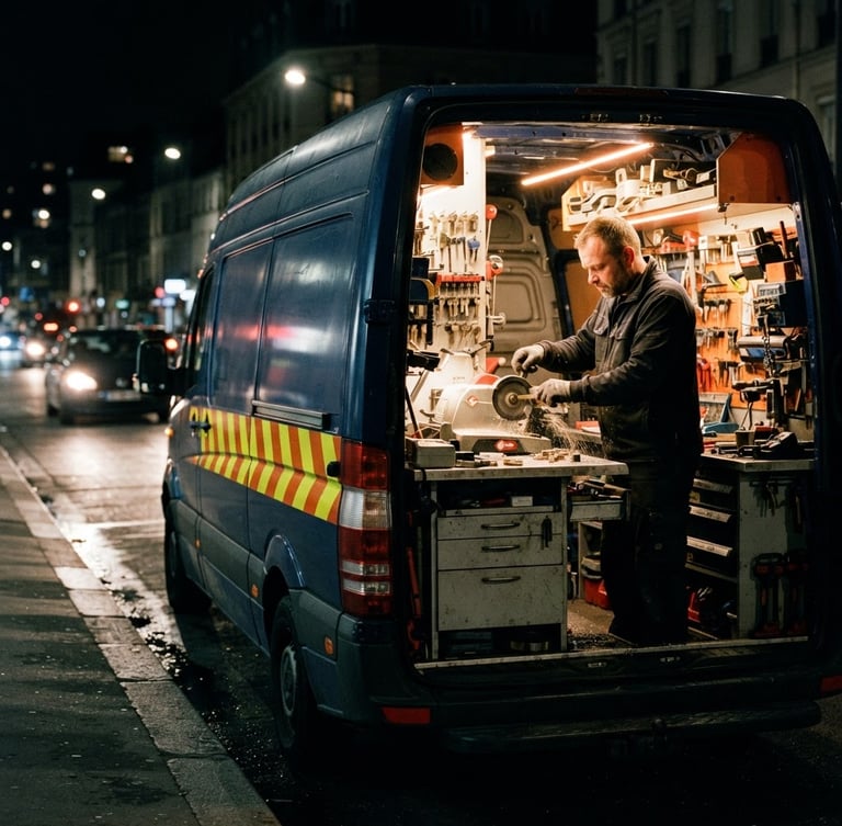 A mobile locksmith service van parked on a city street at night, emergency alert yellow stripes reflecting headlights, hands cutting a key inside the illuminated workshop cabin, sharp commercial photography, 35mm.